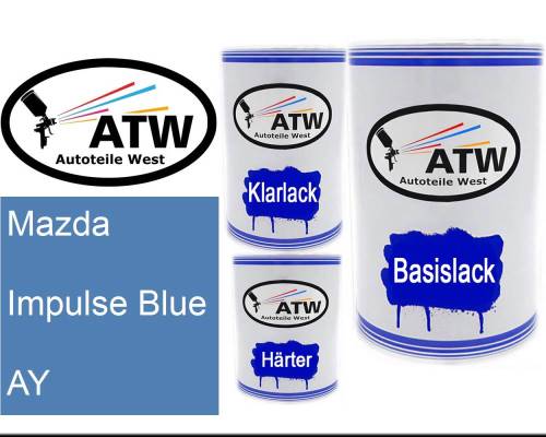 Mazda, Impulse Blue, AY: 500ml Lackdose + 500ml Klarlack + 250ml Härter - Set, von ATW Autoteile West.